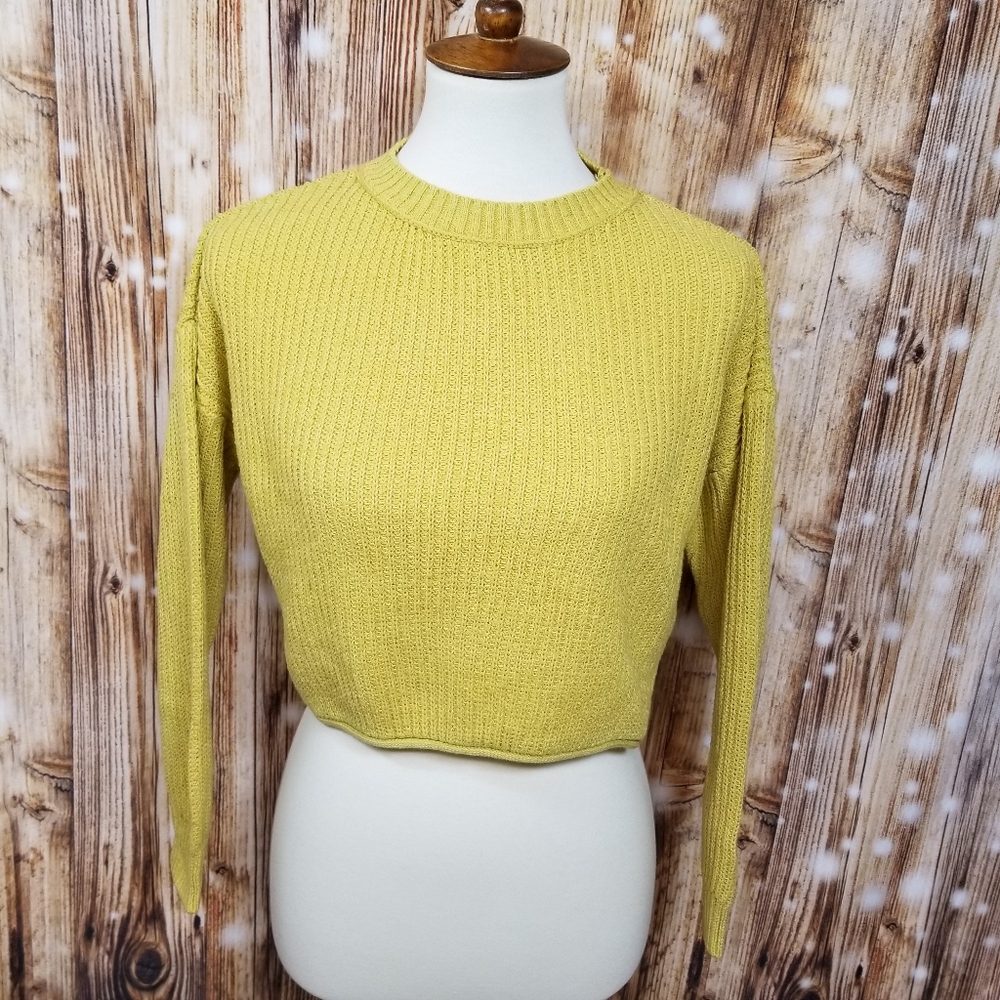 Wild Fable Mustard Lime Green Juniors Small Pullover Cropped Sweater Crewneck